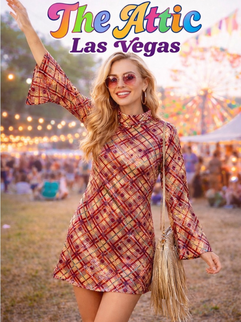 The Attic Las Vegas Metallic Dot Plaid Mini Dress Retro Festival Phunky Mod Vibe